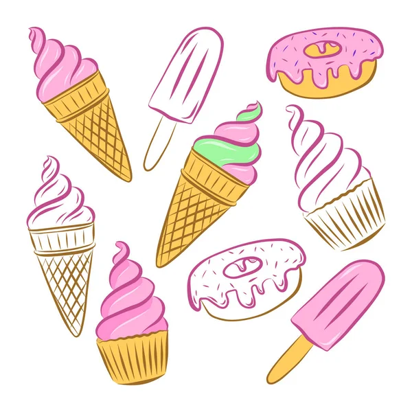 Χρωματική Διανυσματική Απεικόνιση Κέικ Παγωτό Κέρατο Γρανίτα Και Ντόνατ Στοιχεία — Διανυσματικό Αρχείο