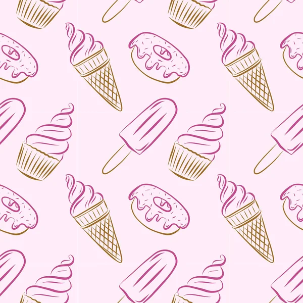 カップケーキ ホーンのアイスクリーム ケシやドーナツのシームレスなパターン 手描きの要素の色パターン 甘いデザート ペストリー 包装紙 メニューの設計のために — ストックベクタ