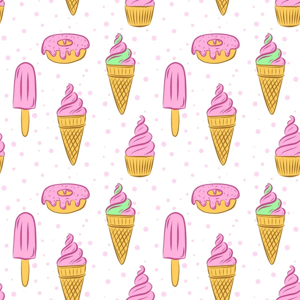 カップケーキ ホーンのアイスクリーム ケシやドーナツのシームレスなパターン 手描きの要素の明るい色パターン 甘いデザート メニュー ナプキンのデザインのために — ストックベクタ