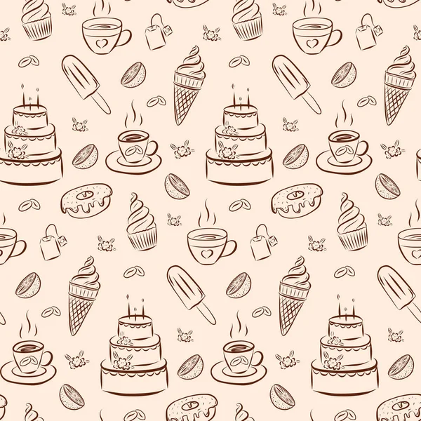 Modèle Sans Couture Cupcakes Crème Glacée Tasses Avec Thé Grains — Image vectorielle