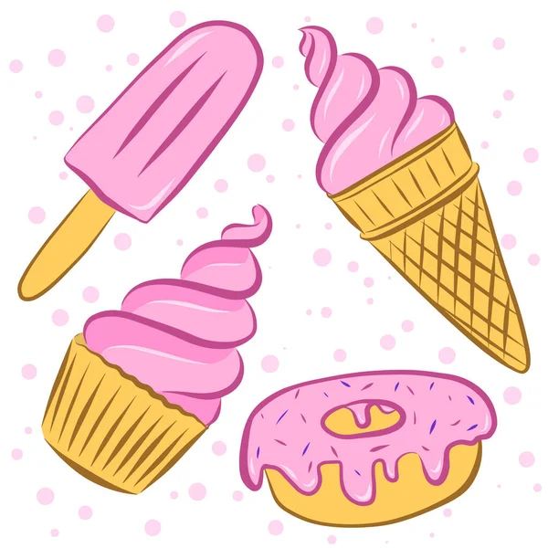 Χρωματική Διανυσματική Απεικόνιση Κέικ Παγωτό Κέρατο Γρανίτα Και Ντόνατ Στοιχεία — Διανυσματικό Αρχείο