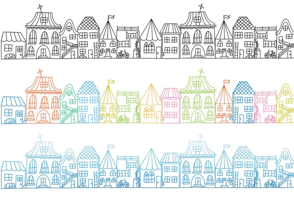 落書きスタイルで手描きの家のさまざまな色の例のセット 輪郭ベクトルイラスト かわいい小さなドードルの家と小さな町のストリートコンセプト 物体は白色で隔離される — ストックベクタ