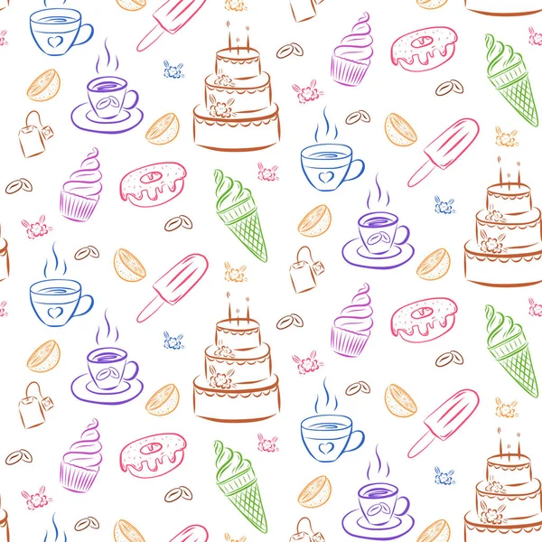 Kusursuz kek deseni, dondurma, kahve çekirdekleri, kek, kek. Açık arkaplandaki çok renkli elementlerin vektör deseni. Elle çizilmiş. Şekerlemeler ve peçeteler için ambalaj tasarımı için