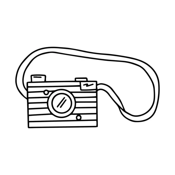 带上的黑白相机是涂鸦风格的 带有镜头的老式相机 简单的矢量插图用手绘 用白色背景隔开 — 图库矢量图片