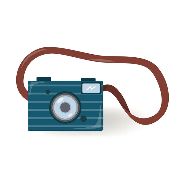皮带上的照相机是扁平的 小相机与闪光 深蓝色 隔离在一个白色的背景 彩色矢量图解 旅行和旅行的标志 — 图库矢量图片