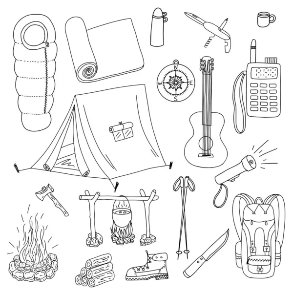 Conjunto Elementos Sobre Tema Camping Turismo Estilo Doodle Ilustração Vetorial — Vetor de Stock