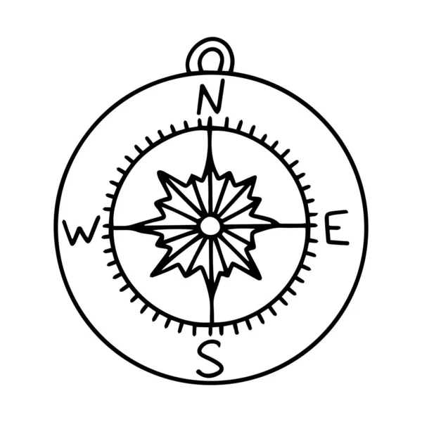 旅行指南针的涂鸦风格 手绘和隔离在白色背景 用于远足和定位的导航设备 黑白矢量图解 — 图库矢量图片