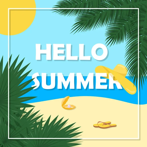Hello Summer 단어가 들어가 인상적 포스터입니다 그림에 바다와 해변의 배경에 — 스톡 벡터