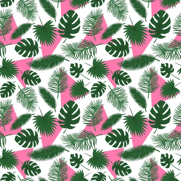 熱帯の葉 ヤシの木 モンスターとピンクの三角とシームレスなパターン フラットスタイル 薄い背景に緑の葉を持つ植物のパターン カラーベクトル図 — ストックベクタ