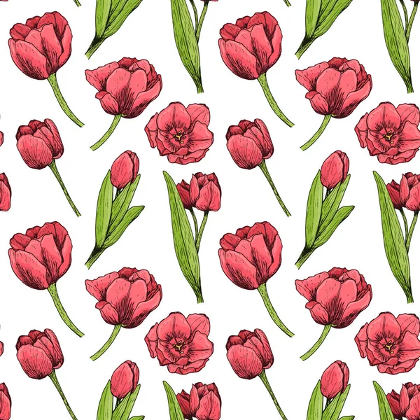 Bezszwowy Wzór Kwiatowy Czerwonymi Tulipanami Jasne Kwiaty Liśćmi Białym Tle — Wektor stockowy