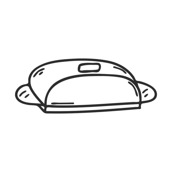 バターを保存するための容器 キッチンアクセサリー 調理器具 メニューデザイン レシピ 食品包装のためのデザイン要素 手を引くと白に隔離された 黒白ベクトル — ストックベクタ