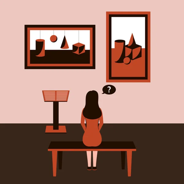 소녀는 전시회에 박물관 의자에 앉아서 기하학적 모양의 그림들을 바라봅니다 단색갈 — 스톡 벡터