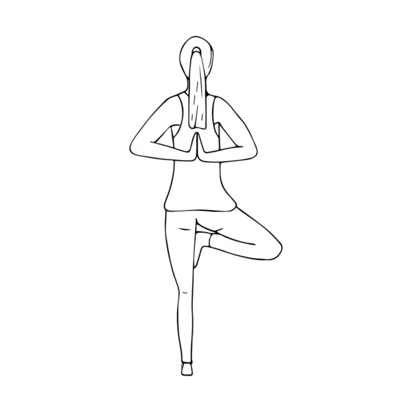 Ein Junges Mädchen Praktiziert Hatha Yoga Namaste Die Hände Hinter — Stockvektor