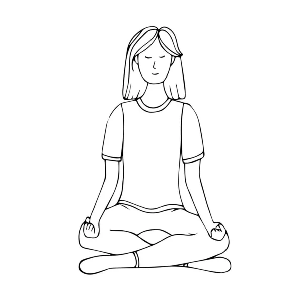 一个年轻的女孩在练习哈萨瑜伽 莲花的位置放松 健康的生活方式 涂鸦的风格 黑白矢量图解 白色背景隔离 — 图库矢量图片
