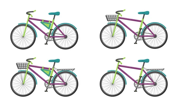異なる要素を持つ自転車のセット フラットスタイル ウォーキング レクリエーション スポーツ 食品や商品の配達のための環境に優しい車 カラーベクトルイラスト 白に隔離されています — ストックベクタ