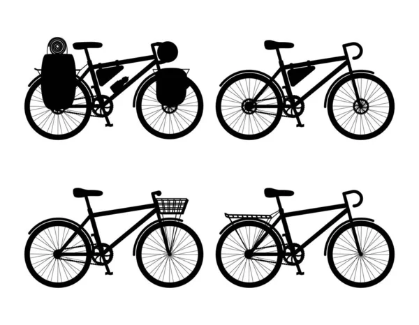 自転車のシルエット バックパック 荷物バッグ トランク バスケット ディスクブレーキ付きの都市自転車でツーリングバイク 白と黒のベクトル図 白の背景に隔離された — ストックベクタ