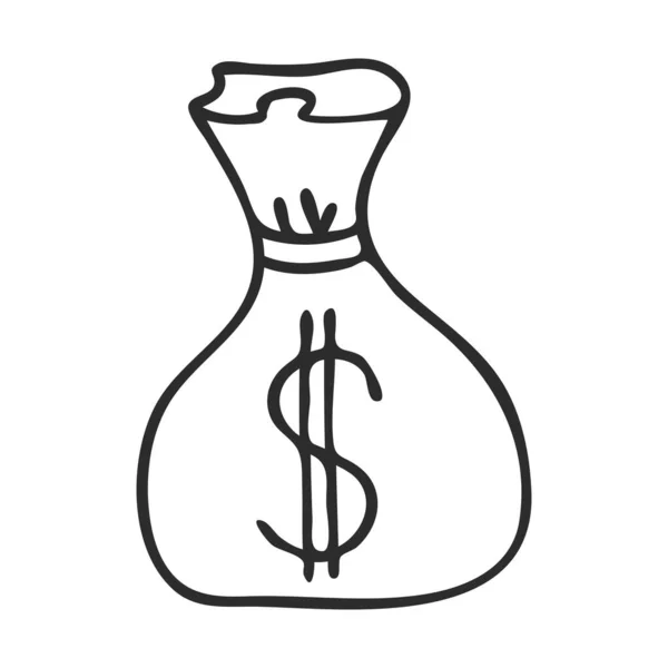一袋有一美元符号的钱 涂鸦的风格 财富的象征 一个简单的黑白插图用手绘出来 用白色背景隔开 — 图库矢量图片