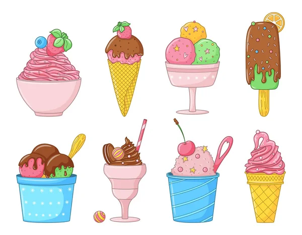 漫画色のドードルアイスクリームのセット さまざまな種類のアイスクリームのコレクション 手描きおいしい冷凍デザート 明るい夏の甘い食べ物 白に孤立したカラーベクトルイラスト — ストックベクタ