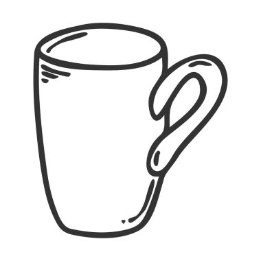 Doodle tarzında kulplu kupa. Mutfak aletleri. Dekorasyon menüsü, yemek tarifleri ve ambalaj için tasarım öğesi. Beyaza el çizimi ve izole edilmiş. Siyah-beyaz vektör çizimi.