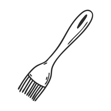 Silikon yemek fırçası. Doodle tarzı. Mutfak aletleri. Dekorasyon menüsü, yemek tarifleri ve ambalaj için tasarım öğesi. Beyaza el çizimi ve izole edilmiş. Siyah-beyaz vektör çizimi.