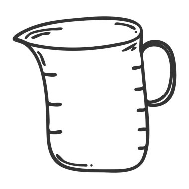 Plastik ölçü kabı. Doodle tarzı. Mutfak aletleri. Dekorasyon menüsü, yemek tarifleri ve ambalaj için tasarım öğesi. Beyaza el çizimi ve izole edilmiş. Siyah-beyaz vektör çizimi.