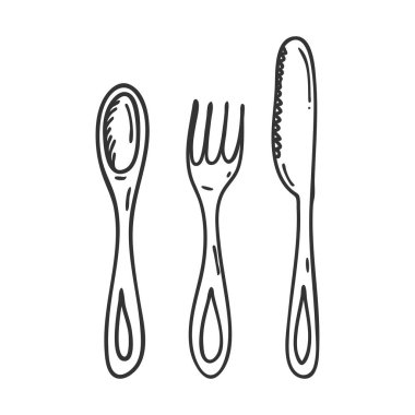 Doodle tarzı çatal bıçak takımı. Bir kaşık, çatal ve bıçak beyaz arka planda elle çizilip izole edilir. Siyah ve beyaz vektör çizimi