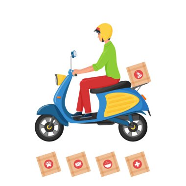 Genç bir erkek kurye mobiletle çeşitli eşyalar getiriyor. Beyazda izole edilmiş. Karakter, kasklı ve motosikletli bir adam. Vektör. Düz stil. Teslimat konseptinin tasviri