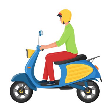 Kasklı bir adam motosiklete biner. Basit kıyafetler ve spor ayakkabılar giyen genç bir adam şehir, taşınabilir ulaşım. Beyaz arkaplanda izole edilmiş düz bir şekilde vektör illüstrasyonuName