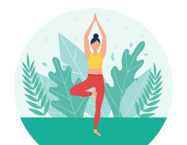 Bir kız parkta yoga yapıyor. Yoga konsepti. Doğada yoga dersleri. Düz stil. Ağaç duruşu yapan kız. Bitkilerin ve yaprakların arka planında bir kadın çizgi film karakteri.
