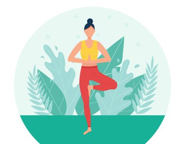 Bir kız parkta yoga yapıyor. Açık hava yogası konsepti. Yoganın doğada uygulanması. Düz stil. Dağ pozu veren kız. Yapraklardan ve otlardan oluşan arka planda bir kadın çizgi film karakteri..