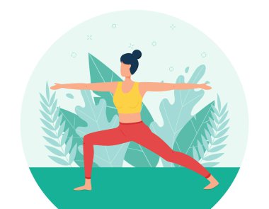 Kız temiz havada yoga yapıyor. Yoga konsepti. Doğada yoga dersleri. Düz stil. Savaşçı kılığındaki bir kız. Bitkilerin ve yaprakların arka planında bir kadın çizgi film karakteri..