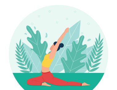 Bir kız parkta yoga yapıyor. Yoga konsepti. Yoganın doğada uygulanması. Düz stil. Sağlıklı bir yaşam tarzı. Yapraklardan ve otlardan oluşan arka planda bir kadın çizgi film karakteri.