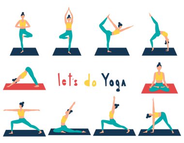 Yoga yapan kızlarla. Düz stil yoga pozisyonları olan bir koleksiyon. Beyaz arka planda izole edilmiş kadın çizgi film karakterleri. Jimnastik, sağlıklı yaşam tarzı.