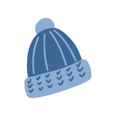 Pofuduk şapkalı. Sonbahar için sıcak bir şapka. Basit, şirin bir el çizimi. Hygge, rahat bir ev, rahatlık. Beyaz bir arka planda izole edilmiş. Renkli vektör çizimi. Doodle tarzı.