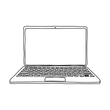 Doodle tarzında dizüstü bilgisayar. Temalı ofis, iş yeri, okul ve çevrimiçi eğitim teması üzerinde tasarım elemanı. Beyaz bir arka planda el çizimi ve izole edilmiş. Siyah ve beyaz vektör çizimi