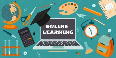 Çevrimiçi öğrenme, okullar ve eğitim konularında bir dizi tasarım unsuru. Sancak kavramı. Düz stil. Yatay. Arkaplan Doodle elementlerinin bir modelidir. Renk vektörü çizimi