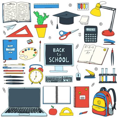 Tema üzerine bir dizi tasarım öğesi okula dönüş, çevrimiçi eğitim. Doodle tarzı kırtasiye malzemeleri ve okul malzemeleri koleksiyonu. Beyaza el çizimi ve izole edilmiş. Renk vektörü illüstrasyonu.