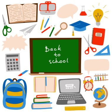 Okul temasında bir takım unsurlar. Ofis malzemeleri, sırt çantası, çalar saat, okul yönetimi. Düz çizgi. Beyaz arka planda elle çizilmiş ve izole edilmiş.