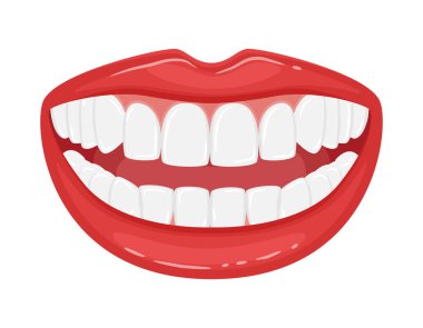 Dişlerinle ağzını aç. Kar beyazı bir gülümseme. Güzel dudaklar, hatta beyaz dişler. Estetik dişçilik. Sağlıklı bir yaşam tarzı ve diş bakımı reklamları. İzole edilmiş düz vektör çizimi.
