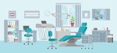 Ayarlanabilir sandalyesi, lambası, rafı, lavabosu ve penceresi olan bir diş ünitesi kavramı. Düz bir tarzda tıbbi ofis. Klinikte modern iç mekan ve ekipman var. Duvarlarda posterler var. Vektör illüstrasyonu