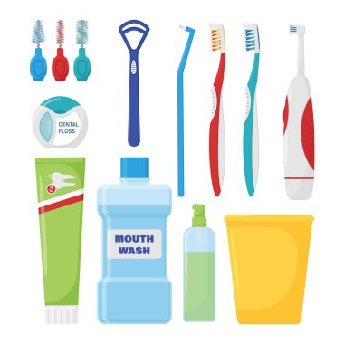 Ağız boşluğunda günlük hijyen için gerekli malzemeler. Diş bakımı malzemeleri. Sağlıklı bir yaşam tarzı. Sabah rutini. Beyaz arka planda izole edilmiş düz stil elementlerin bir koleksiyonu. Vektör illüstrasyonu