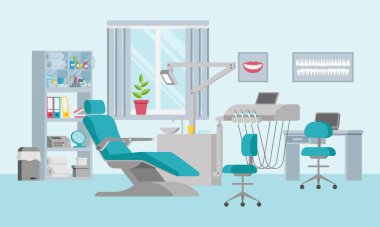 Ayarlanabilir sandalyesi, lambası, rafı, lavabosu ve penceresi olan bir diş ünitesi kavramı. Düz bir tarzda tıbbi ofis. Klinikte modern iç mekan ve ekipman var. Duvarlarda posterler var. Vektör illüstrasyonu