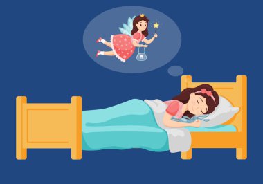 Tatlı küçük bir kız yatağında uyuyor ve elinde düşmüş bir dişi tutuyor ve rüyasında Prenses 'in diş perisini görüyor. Uyurken bir oyuncağa sarılıyor. Çocuklar için vektör illüstrasyonu. Düz biçim.