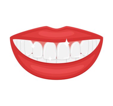 Güzel beyaz dişli bir ağız. Kar beyazı bir gülümseme. Güzel kırmızı dolgun dudaklar. Estetik dişçilik. Sağlıklı bir yaşam tarzı ve diş bakımı reklamları. İzole edilmiş düz vektör çizimi.