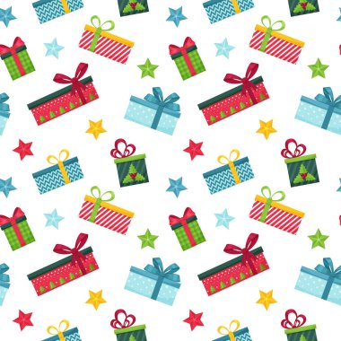 Beyaz arka planda fiyonklu, çok renkli hediye kutuları olan parlak, pürüzsüz bir desen. Paket kağıdı için harika. Düz nesneler soyutlanır ve maskenin altına saklanır. Düzenlemesi kolay. Vektör illüstrasyonu.