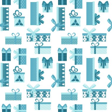 Kusursuz desenli, beyaz arka planda mavi renkli fiyonklu hediye kutuları. Paket kağıdı için harika. Düz nesneler soyutlanır ve maskenin altına saklanır. Düzenlemesi kolay. Vektör illüstrasyonu.