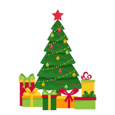 Noel ağacına oyuncaklar, çelenkler ve yıldızlarla süslenmiş. Ağacın altındaki hediye kutuları. Noel elementi ve yeni yıl tasarımı. Kartpostal şablonu. Düz bir şekilde vektör illüstrasyonu. Beyazda izole edilmiş.