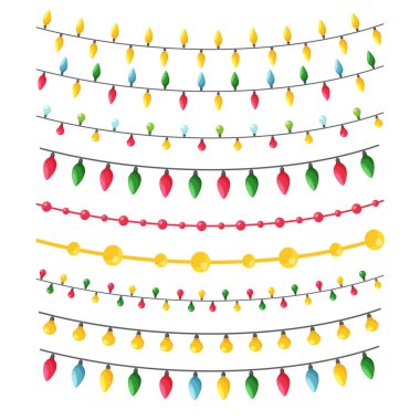 Noel kartlarını, davetiyeleri, broşürleri, afişleri süslemek için farklı bir çelenk seti. Düz bir arkaplanda izole edilmiş renk vektör çizimi.