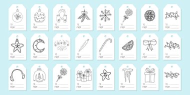 Hediye kutuları için büyük etiket seti. Noel ve kış unsurlarının el yapımı Doodle tarzı etiketleri. Beyaz arkaplanda izole edilmiş siyah ve beyaz vektör çizimi
