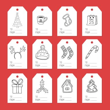 Hediye kutuları için etiket koleksiyonu. El yapımı Noel ve kış Doodle elementlerine sahip bir etiket seti. Beyaz arkaplanda izole edilmiş siyah ve beyaz vektör çizimi